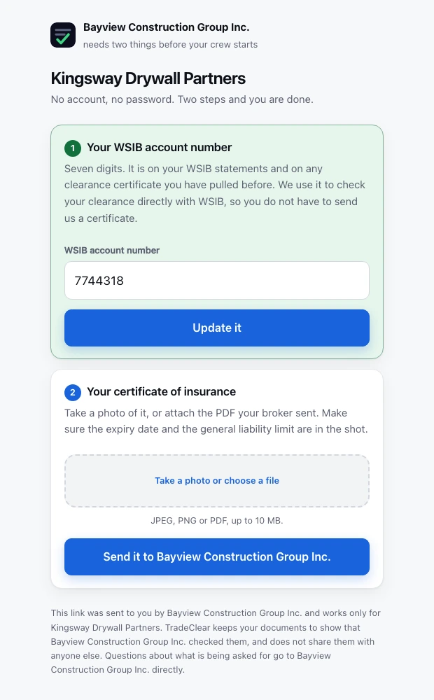The subcontractor upload page on a phone, asking for a WSIB account number and a photo of the certificate of insurance
