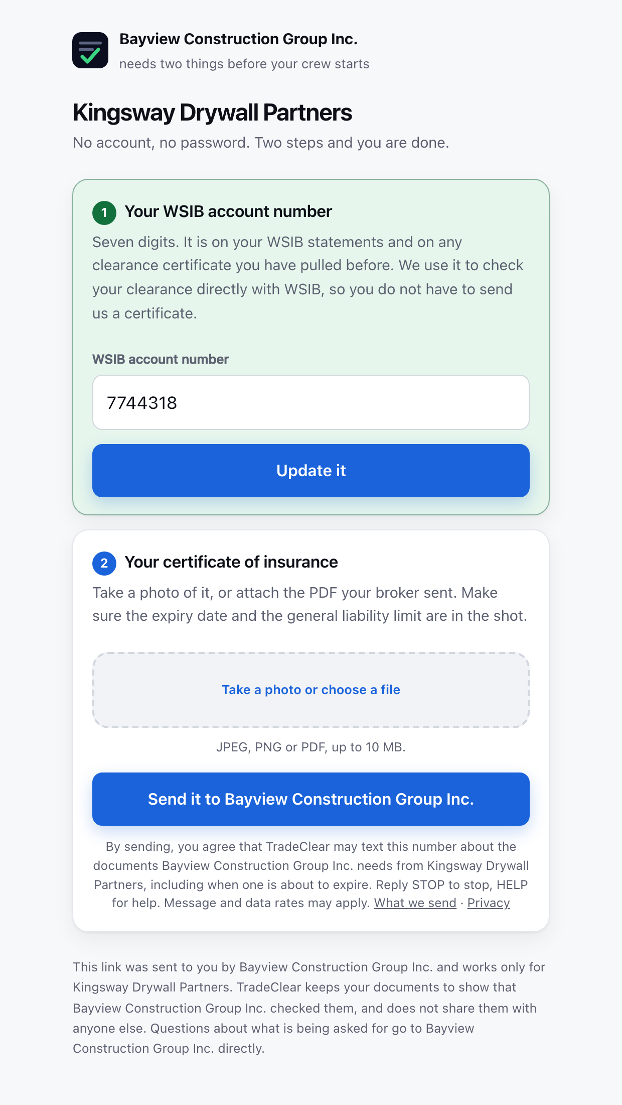 The TradeClear upload page as a
  trade contractor sees it on a phone, with a line under the send button reading: By
  sending, you agree that TradeClear may text this number about the documents the general
  contractor needs, including when one is about to expire. Reply STOP to stop, HELP for
  help. Message and data rates may apply.